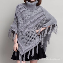 Womens Cardigan Wraps Rabbit Fur Winter Knitted Cable Fringes Shawls Sweater Poncho (SP615)